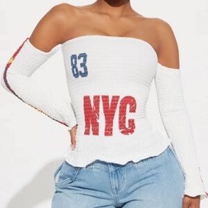 White Off-Shoulder NYC Graphic Smocked Top
